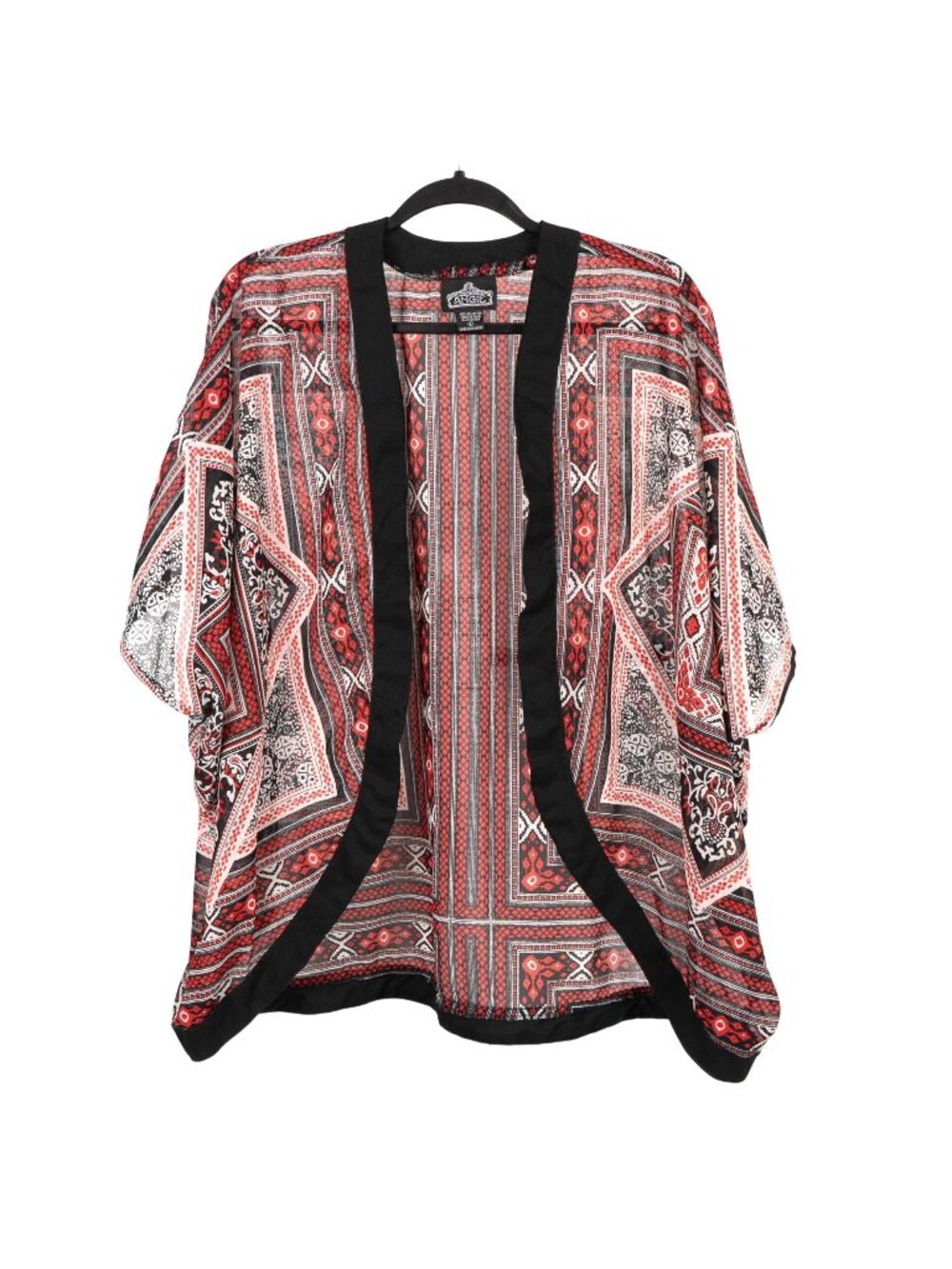 Angie Kimono Cardigan L Womens Y2K Red Black White Boho Sheer Short Sleeve Geo